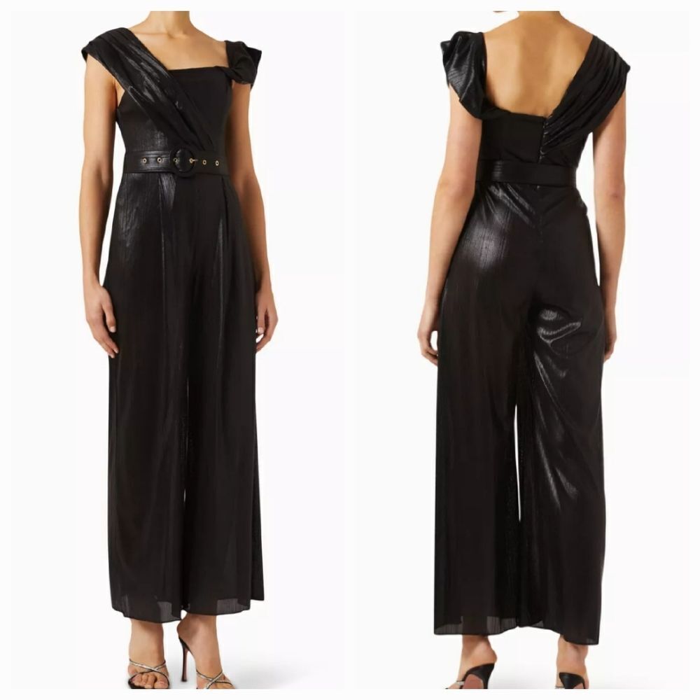 Elliatt Black Marlene One-Shoulder Belted Jumpsuit Metallic-stretch size Small